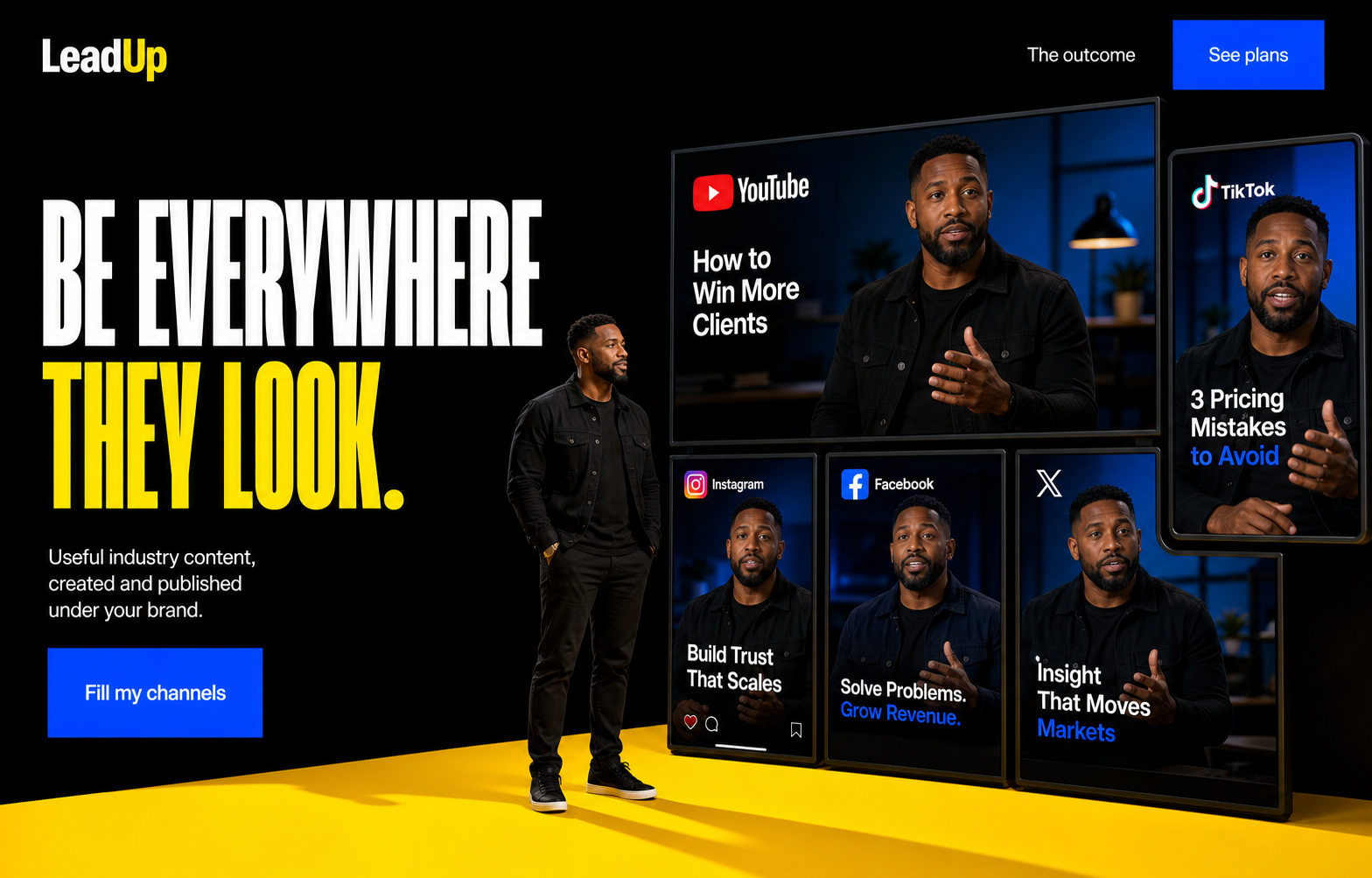 Professional standing beside a wall of content across five social platforms