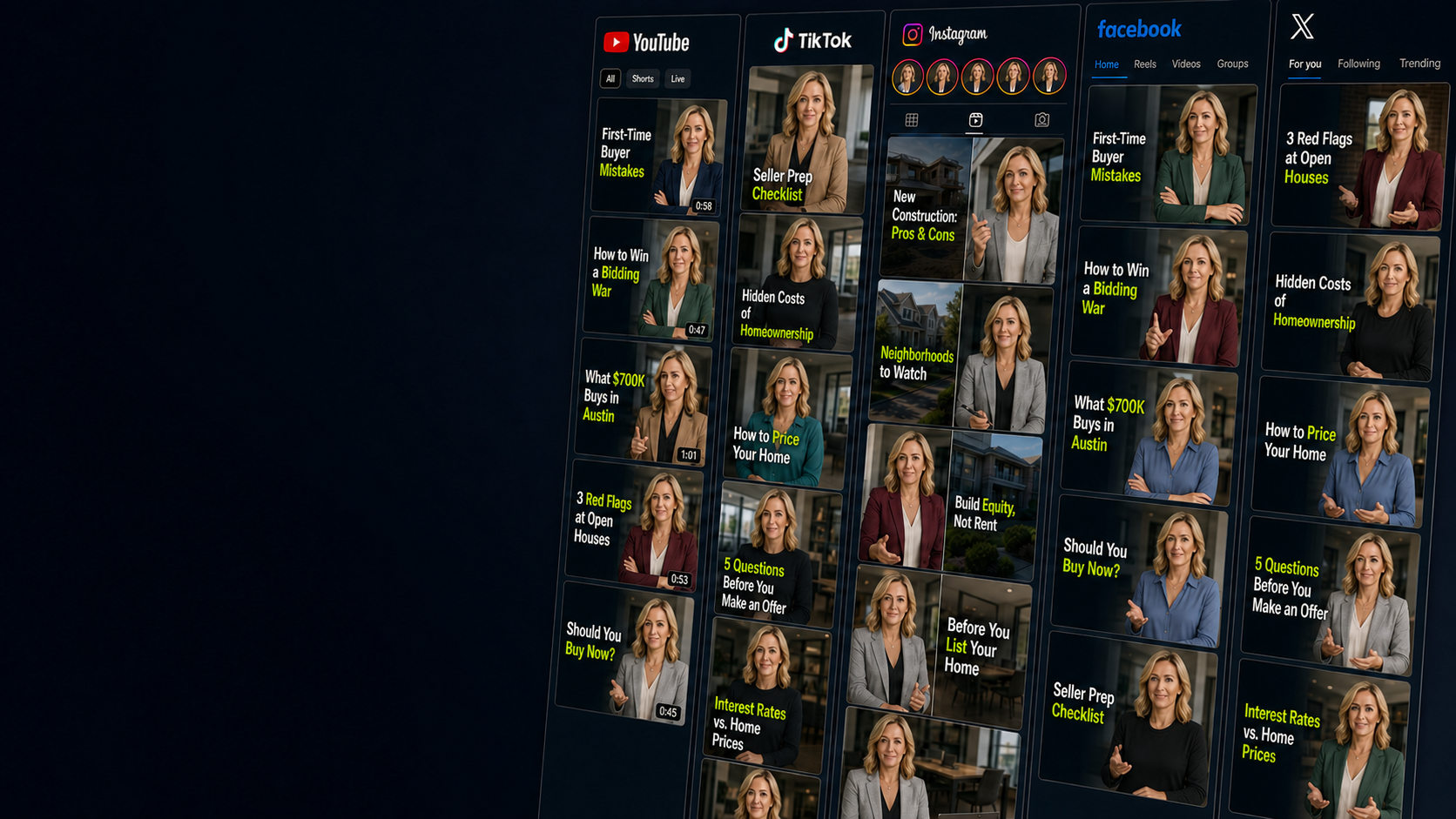 A real estate professional appearing in vertical videos across YouTube, TikTok, Instagram, Facebook, and X