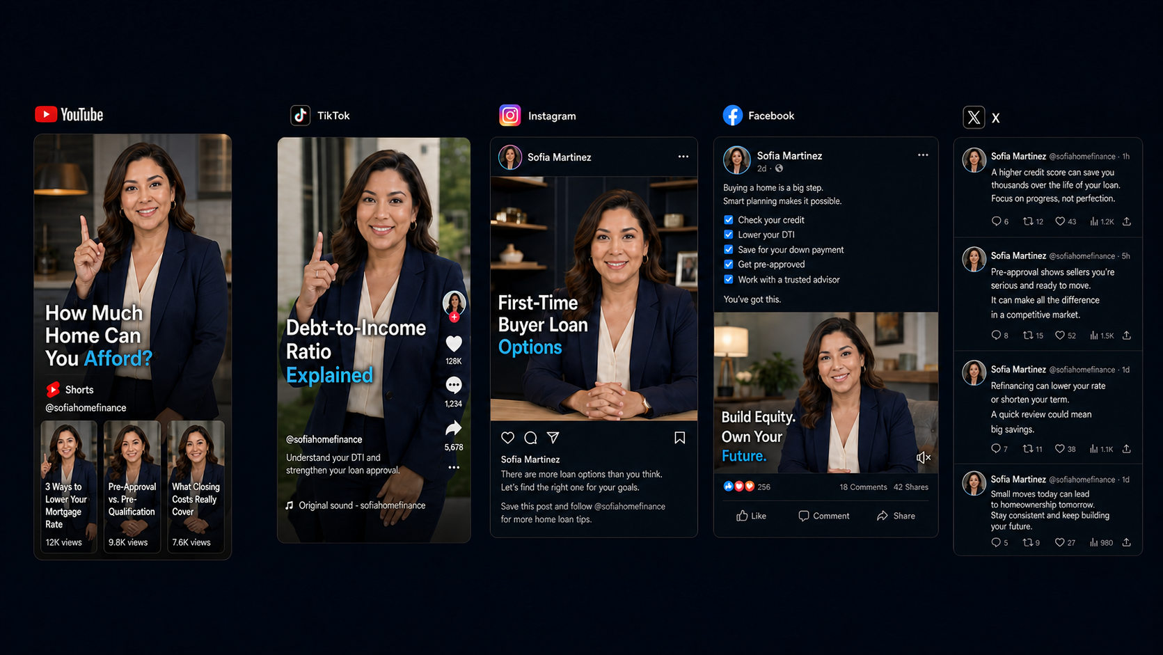 One professional&rsquo;s content adapted across YouTube, TikTok, Instagram, Facebook, and X