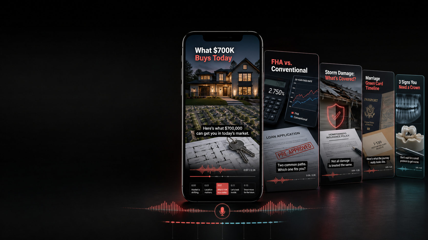 Faceless vertical video examples with captions, branded visuals, and voiceover timelines